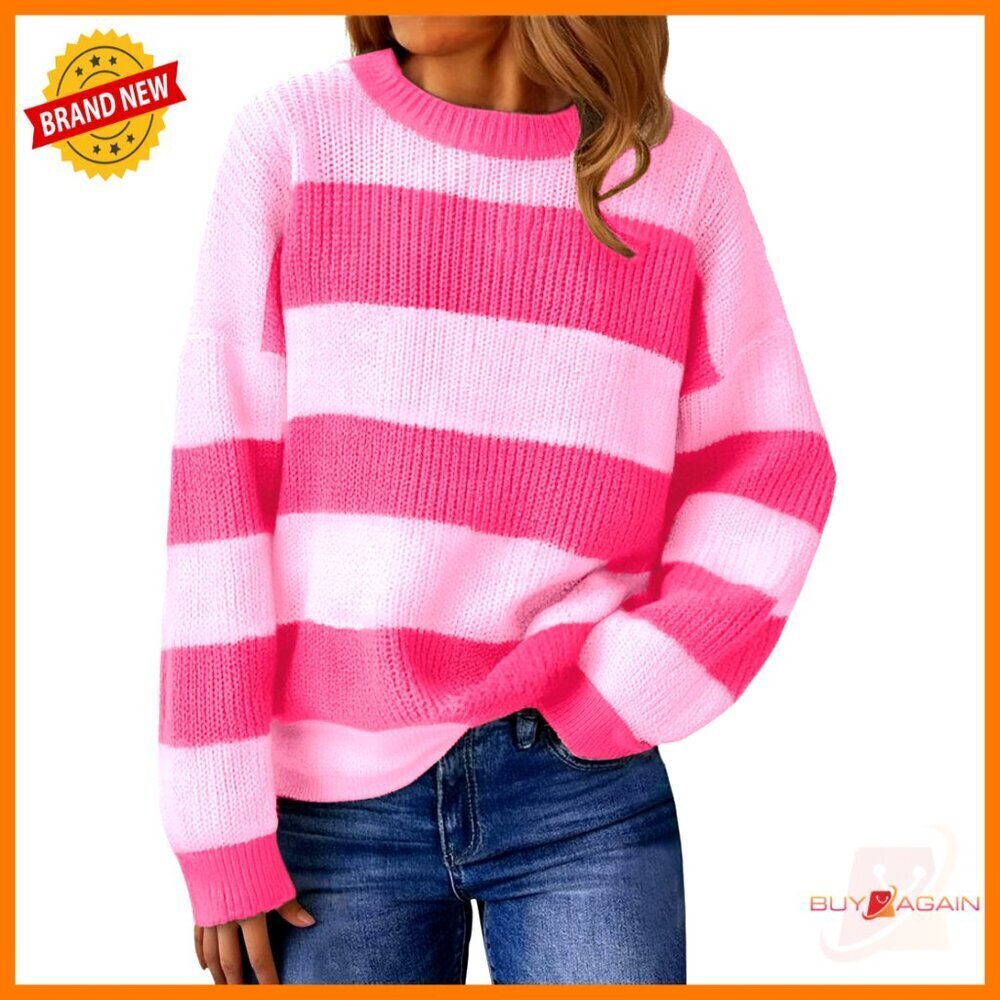 Striped Pullover Sweater Oversized Loose Fit Ribbed Crew Neck Lightweight Knit